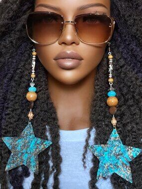 Elongated Dangle Earrings Wooden Stars Aqua Multi by Razonda Lee